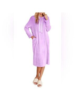 NEW Ekouaer Lilac Purple Fuzzy Hooded Nightgown Cozy Warm- Medium